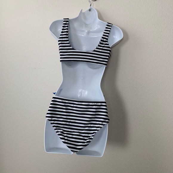 High Waist Black White Stripe Bikini - Picture 6 of 7